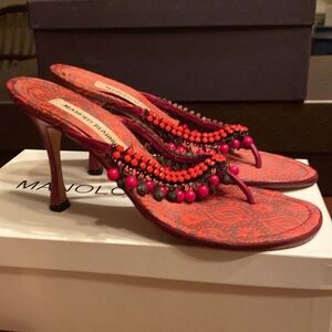 Manolo Blahnik Red and Black Beaded Napa Thong Sandals